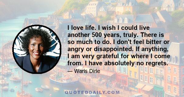 I love life. I wish I could live another 500 years, truly. There is so much to do. I don't feel bitter or angry or disappointed. If anything, I am very grateful for where I come from. I have absolutely no regrets.