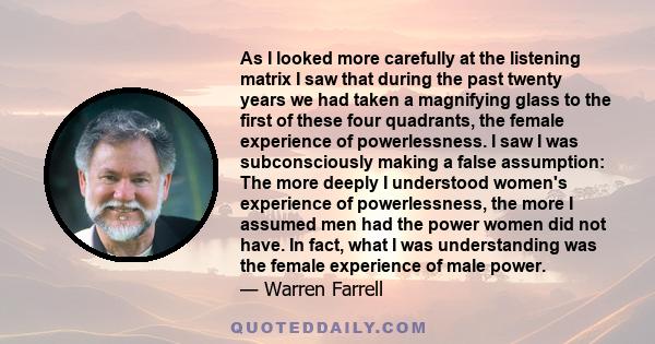 As I looked more carefully at the listening matrix I saw that during the past twenty years we had taken a magnifying glass to the first of these four quadrants, the female experience of powerlessness. I saw I was