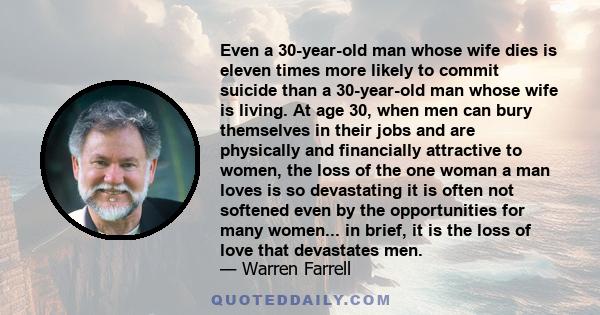 Even a 30-year-old man whose wife dies is eleven times more likely to commit suicide than a 30-year-old man whose wife is living. At age 30, when men can bury themselves in their jobs and are physically and financially