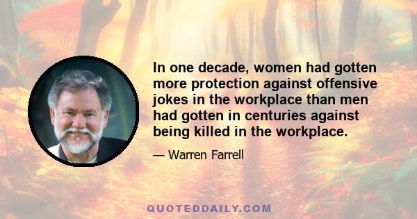 In one decade, women had gotten more protection against offensive jokes in the workplace than men had gotten in centuries against being killed in the workplace.