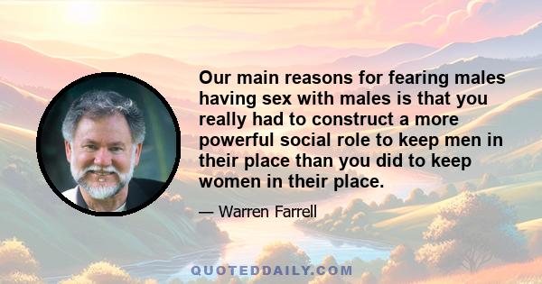 Our main reasons for fearing males having sex with males is that you really had to construct a more powerful social role to keep men in their place than you did to keep women in their place.