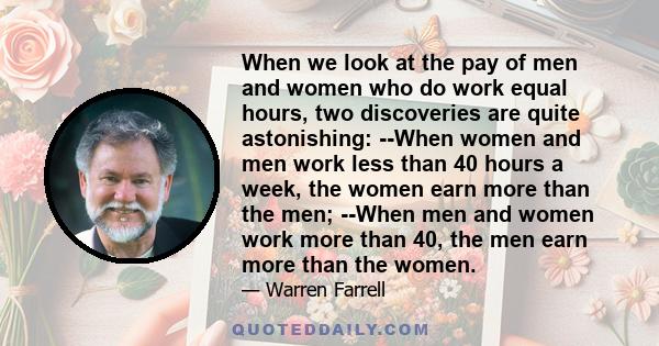 When we look at the pay of men and women who do work equal hours, two discoveries are quite astonishing: --When women and men work less than 40 hours a week, the women earn more than the men; --When men and women work