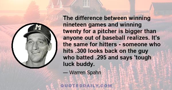 The difference between winning nineteen games and winning twenty for a pitcher is bigger than anyone out of baseball realizes. It's the same for hitters - someone who hits .300 looks back on the guy who batted .295 and