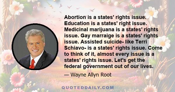 Abortion is a states' rights issue. Education is a states' right issue. Medicinal marijuana is a states' rights issue. Gay marraige is a states' rights issue. Assisted suicide- like Terri Schiavo- is a states' rights