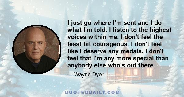 I just go where I'm sent and I do what I'm told. I listen to the highest voices within me. I don't feel the least bit courageous. I don't feel like I deserve any medals. I don't feel that I'm any more special than