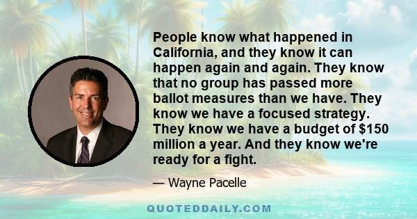 People know what happened in California, and they know it can happen again and again. They know that no group has passed more ballot measures than we have. They know we have a focused strategy. They know we have a