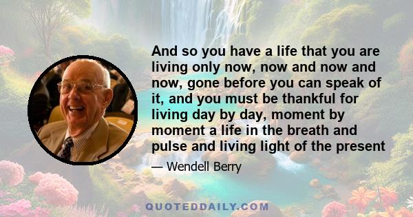 And so you have a life that you are living only now, now and now and now, gone before you can speak of it, and you must be thankful for living day by day, moment by moment a life in the breath and pulse and living light 