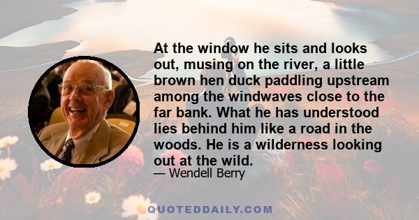 At the window he sits and looks out, musing on the river, a little brown hen duck paddling upstream among the windwaves close to the far bank. What he has understood lies behind him like a road in the woods. He is a