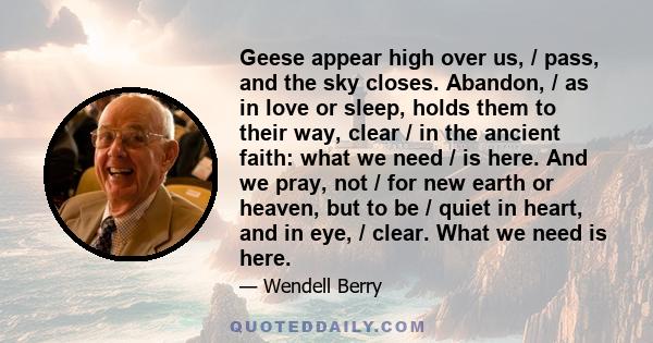 Geese appear high over us, / pass, and the sky closes. Abandon, / as in love or sleep, holds them to their way, clear / in the ancient faith: what we need / is here. And we pray, not / for new earth or heaven, but to be 