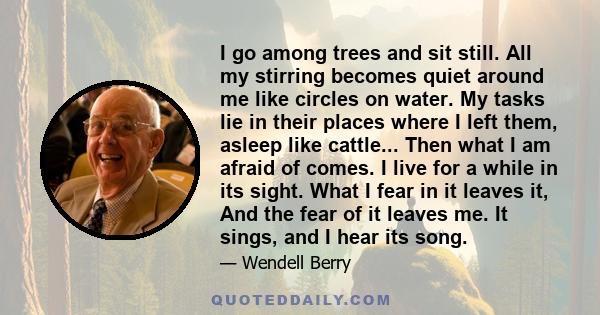 I go among trees and sit still. All my stirring becomes quiet around me like circles on water. My tasks lie in their places where I left them, asleep like cattle... Then what I am afraid of comes. I live for a while in