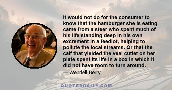 It would not do for the consumer to know that the hamburger she is eating came from a steer who spent much of his life standing deep in his own excrement in a feedlot, helping to pollute the local streams. Or that the