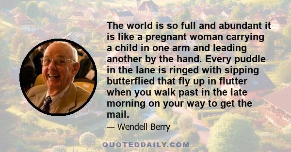 The world is so full and abundant it is like a pregnant woman carrying a child in one arm and leading another by the hand. Every puddle in the lane is ringed with sipping butterflied that fly up in flutter when you walk 