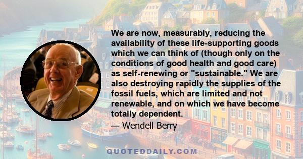 We are now, measurably, reducing the availability of these life-supporting goods which we can think of (though only on the conditions of good health and good care) as self-renewing or sustainable. We are also destroying 