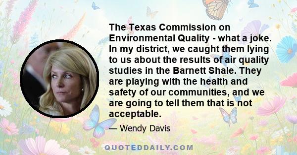 The Texas Commission on Environmental Quality - what a joke. In my district, we caught them lying to us about the results of air quality studies in the Barnett Shale. They are playing with the health and safety of our