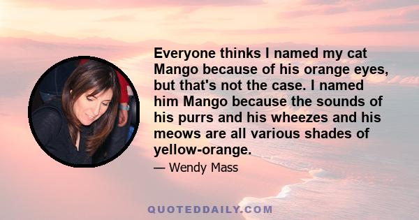 Everyone thinks I named my cat Mango because of his orange eyes, but that's not the case. I named him Mango because the sounds of his purrs and his wheezes and his meows are all various shades of yellow-orange.