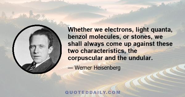 Whether we electrons, light quanta, benzol molecules, or stones, we shall always come up against these two characteristics, the corpuscular and the undular.