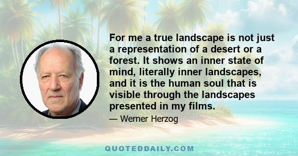 For me a true landscape is not just a representation of a desert or a forest. It shows an inner state of mind, literally inner landscapes, and it is the human soul that is visible through the landscapes presented in my