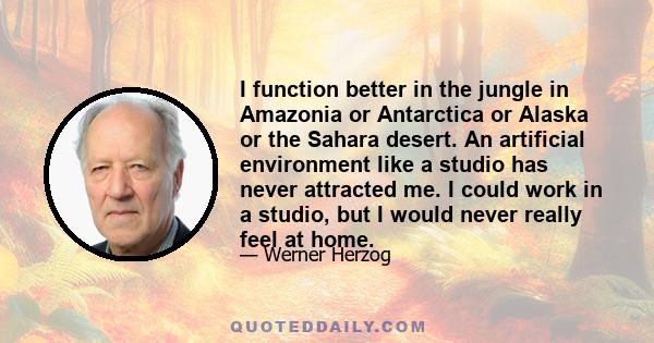 I function better in the jungle in Amazonia or Antarctica or Alaska or the Sahara desert. An artificial environment like a studio has never attracted me. I could work in a studio, but I would never really feel at home.