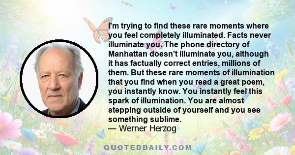 I'm trying to find these rare moments where you feel completely illuminated. Facts never illuminate you. The phone directory of Manhattan doesn't illuminate you, although it has factually correct entries, millions of