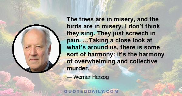 The trees are in misery, and the birds are in misery. I don’t think they sing. They just screech in pain. …Taking a close look at what’s around us, there is some sort of harmony: it’s the harmony of overwhelming and