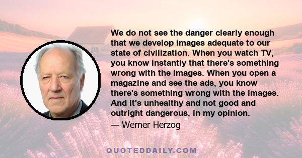 We do not see the danger clearly enough that we develop images adequate to our state of civilization. When you watch TV, you know instantly that there's something wrong with the images. When you open a magazine and see