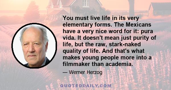 You must live life in its very elementary forms. The Mexicans have a very nice word for it: pura vida. It doesn't mean just purity of life, but the raw, stark-naked quality of life. And that's what makes young people