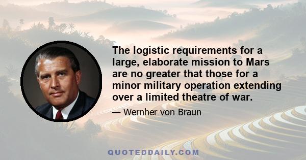 The logistic requirements for a large, elaborate mission to Mars are no greater that those for a minor military operation extending over a limited theatre of war.