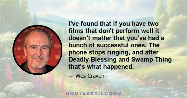 I've found that if you have two films that don't perform well it doesn't matter that you've had a bunch of successful ones. The phone stops ringing, and after Deadly Blessing and Swamp Thing that's what happened.