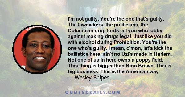 I'm not guilty. You're the one that's guilty. The lawmakers, the politicians, the Colombian drug lords, all you who lobby against making drugs legal. Just like you did with alcohol during Prohibition. You're the one