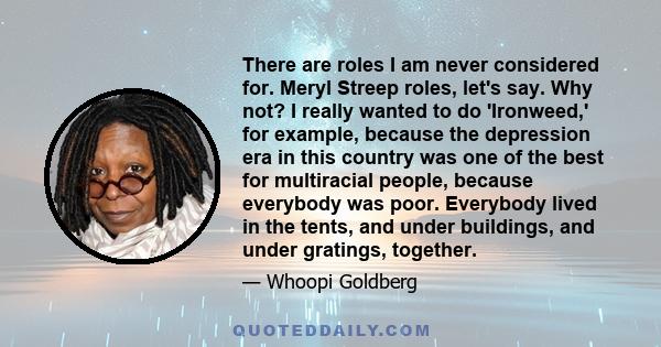 There are roles I am never considered for. Meryl Streep roles, let's say. Why not? I really wanted to do 'Ironweed,' for example, because the depression era in this country was one of the best for multiracial people,