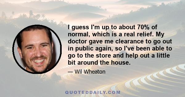 I guess I'm up to about 70% of normal, which is a real relief. My doctor gave me clearance to go out in public again, so I've been able to go to the store and help out a little bit around the house.