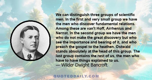 We can distinguish three groups of scientific men. In the first and very small group we have the men who discover fundamental relations. Among these are van't Hoff, Arrhenius and Nernst. In the second group we have the