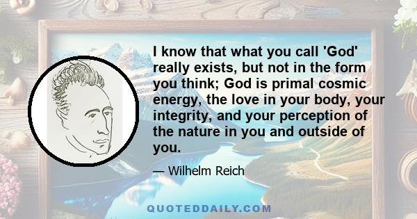 I know that what you call 'God' really exists, but not in the form you think; God is primal cosmic energy, the love in your body, your integrity, and your perception of the nature in you and outside of you.