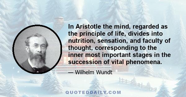 In Aristotle the mind, regarded as the principle of life, divides into nutrition, sensation, and faculty of thought, corresponding to the inner most important stages in the succession of vital phenomena.