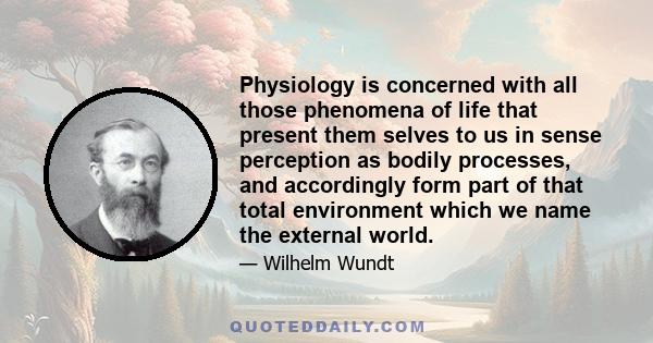 Physiology is concerned with all those phenomena of life that present them selves to us in sense perception as bodily processes, and accordingly form part of that total environment which we name the external world.