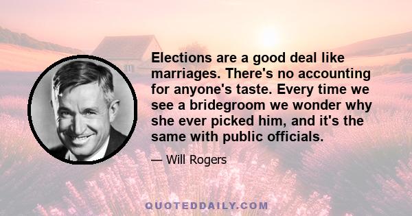 Elections are a good deal like marriages. There's no accounting for anyone's taste. Every time we see a bridegroom we wonder why she ever picked him, and it's the same with public officials.