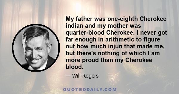 My father was one-eighth Cherokee indian and my mother was quarter-blood Cherokee. I never got far enough in arithmetic to figure out how much injun that made me, but there's nothing of which I am more proud than my