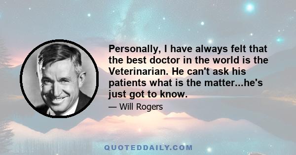 Personally, I have always felt that the best doctor in the world is the Veterinarian. He can't ask his patients what is the matter...he's just got to know.