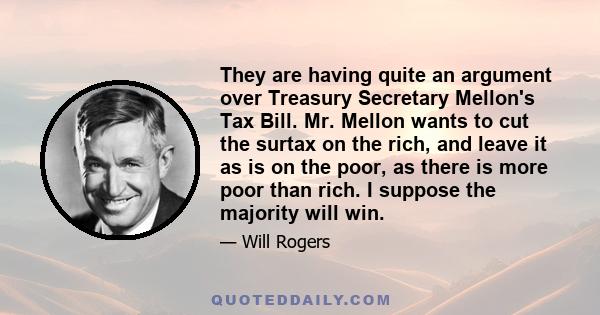 They are having quite an argument over Treasury Secretary Mellon's Tax Bill. Mr. Mellon wants to cut the surtax on the rich, and leave it as is on the poor, as there is more poor than rich. I suppose the majority will