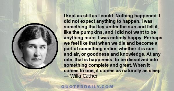 I kept as still as I could. Nothing happened. I did not expect anything to happen. I was something that lay under the sun and felt it, like the pumpkins, and I did not want to be anything more. I was entirely happy.