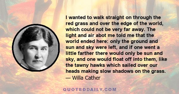 I wanted to walk straight on through the red grass and over the edge of the world, which could not be very far away. The light and air abot me told me that the world ended here: only the ground and sun and sky were