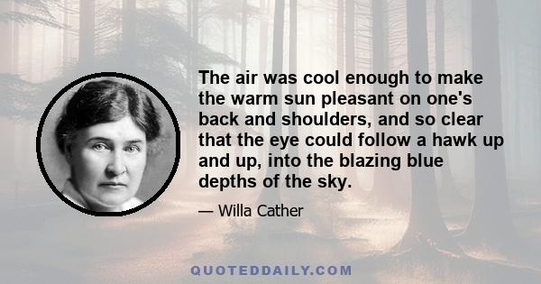 The air was cool enough to make the warm sun pleasant on one's back and shoulders, and so clear that the eye could follow a hawk up and up, into the blazing blue depths of the sky.