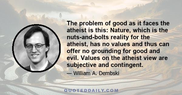 The problem of good as it faces the atheist is this: Nature, which is the nuts-and-bolts reality for the atheist, has no values and thus can offer no grounding for good and evil. Values on the atheist view are