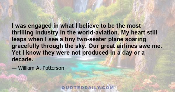 I was engaged in what I believe to be the most thrilling industry in the world-aviation. My heart still leaps when I see a tiny two-seater plane soaring gracefully through the sky. Our great airlines awe me. Yet I know