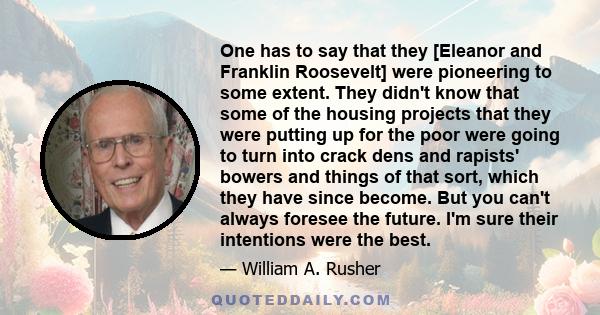 One has to say that they [Eleanor and Franklin Roosevelt] were pioneering to some extent. They didn't know that some of the housing projects that they were putting up for the poor were going to turn into crack dens and