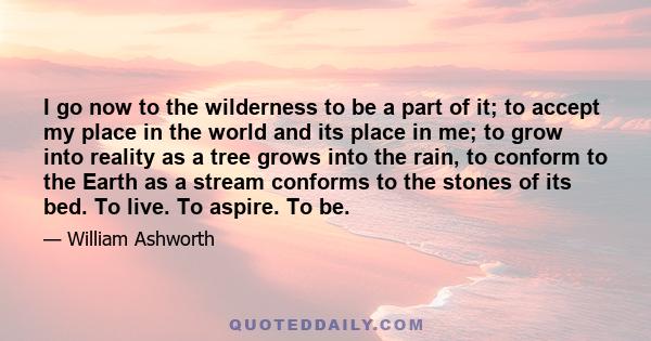 I go now to the wilderness to be a part of it; to accept my place in the world and its place in me; to grow into reality as a tree grows into the rain, to conform to the Earth as a stream conforms to the stones of its