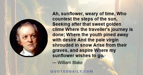 Ah, sunflower, weary of time, Who countest the steps of the sun, Seeking after that sweet golden clime Where the traveller's journey is done; Where the youth pined away with desire And the pale virgin shrouded in snow