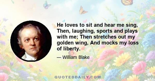 He loves to sit and hear me sing, Then, laughing, sports and plays with me; Then stretches out my golden wing, And mocks my loss of liberty.