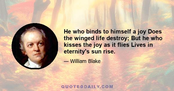 He who binds to himself a joy Does the winged life destroy; But he who kisses the joy as it flies Lives in eternity's sun rise.