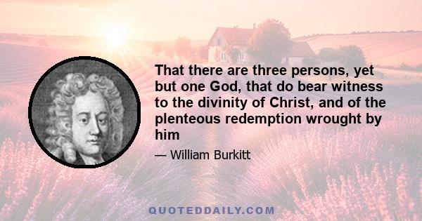 That there are three persons, yet but one God, that do bear witness to the divinity of Christ, and of the plenteous redemption wrought by him